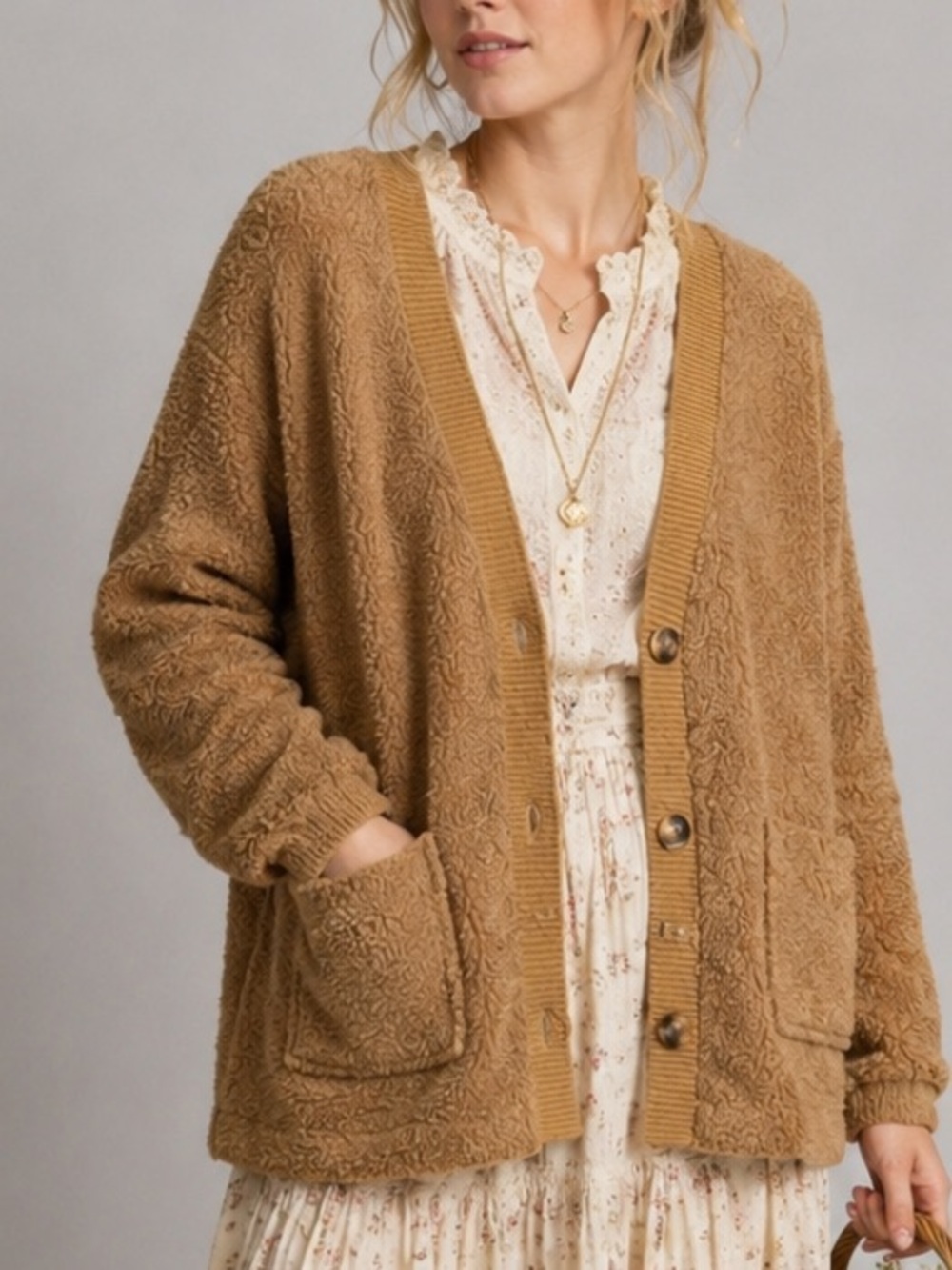 Vernacular Teddy Fleece Cardigan Jacket Camel Cozy Sherpa Button Front